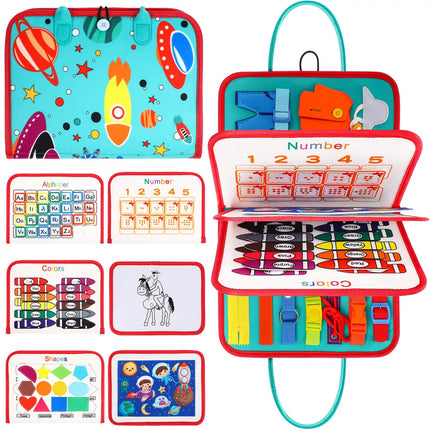 Toddler Busy Book, Quiet Activity Book with Buckles, Zippers, Laces, Counting Board and Reusable Drawing Board for Preschool Kids