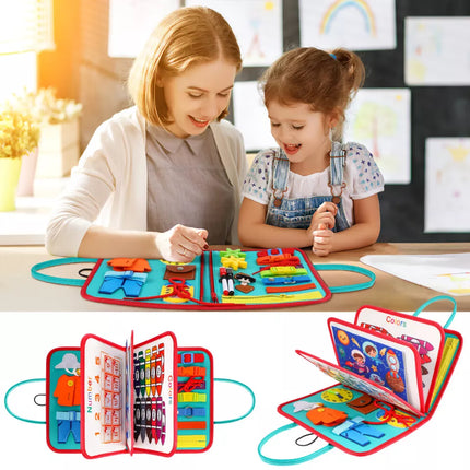 Toddler Busy Book, Quiet Activity Book with Buckles, Zippers, Laces, Counting Board and Reusable Drawing Board for Preschool Kids
