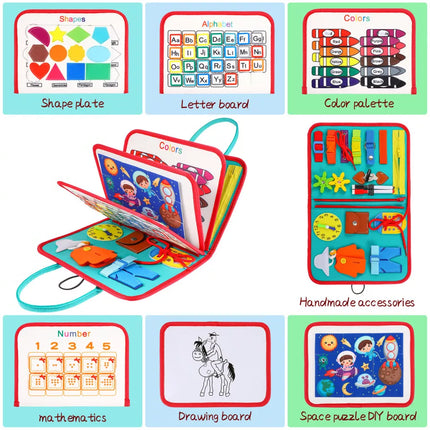 Toddler Busy Book, Quiet Activity Book with Buckles, Zippers, Laces, Counting Board and Reusable Drawing Board for Preschool Kids