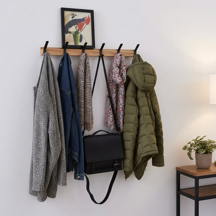 Scandinavian Design Wall Coat Rack with 5 Movable Double Hooks | Space-Saving Organizer for Coats and Bags