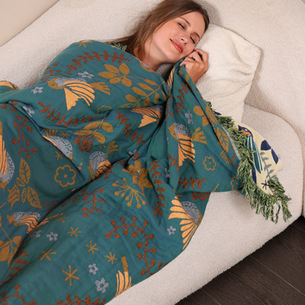 Scandinavian Bird Blanket Throw with Reversible Design & Fringe Edges | Versatile Home Accent for Sofas and Beds