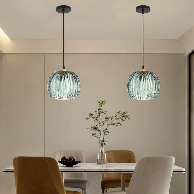 Kitchen Pendant Lamp, Green Glass Pendant Light with Ribbed Shade, Retro Hanging Light for Dining Room and Hallway_00