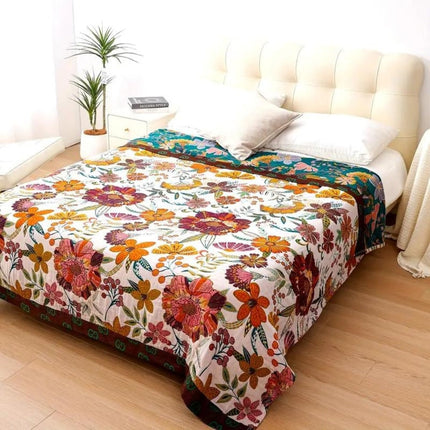Reversible Floral Cotton Throw Blanket with Jacquard Weave | Cozy Home Accent for Sofas and Beds