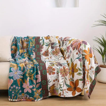 Reversible Floral Cotton Throw Blanket with Jacquard Weave | Cozy Home Accent for Sofas and Beds