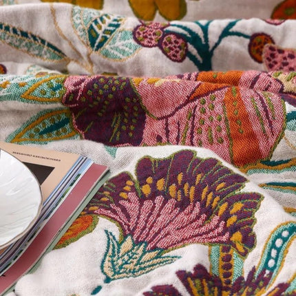 Reversible Floral Cotton Throw Blanket with Jacquard Weave | Cozy Home Accent for Sofas and Beds
