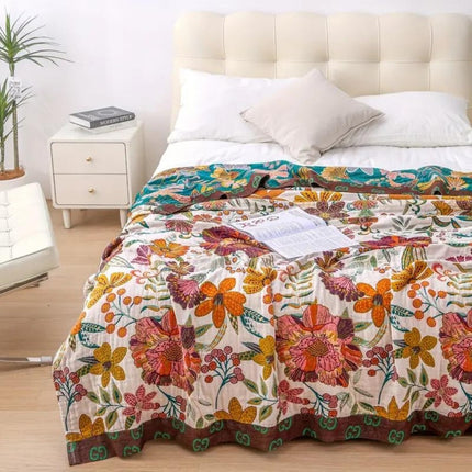 Reversible Floral Cotton Throw Blanket with Jacquard Weave | Cozy Home Accent for Sofas and Beds