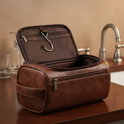 Leather Travel Toiletry Bag with Hanging Hook | Compact Organizer for Cosmetics and Grooming Essentials