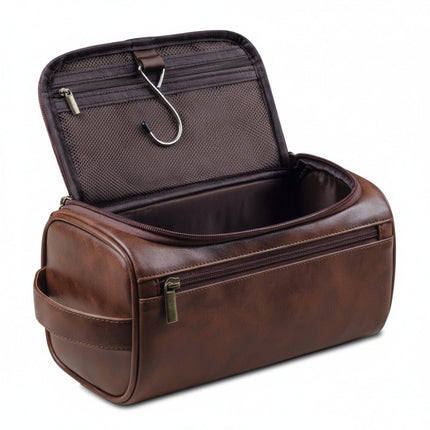 Leather Travel Toiletry Bag with Hanging Hook | Compact Organizer for Grooming and Cosmetics