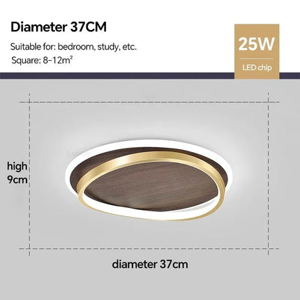 LED Ceiling Lamp with Walnut Finish & Gold Accents | Modern Round Design for Warm Illumination