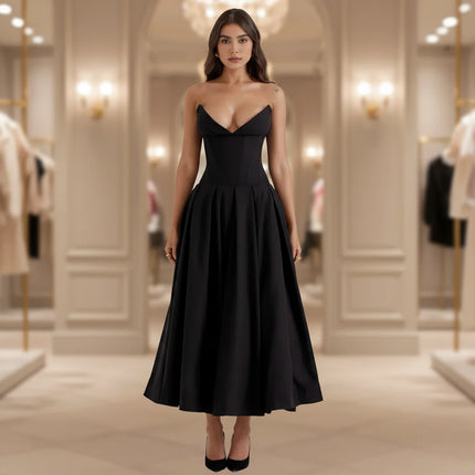 Deep V Neck Midi Dress for Women with Flowy Skirt | Elegant Party Dress for Weddings and Special Events