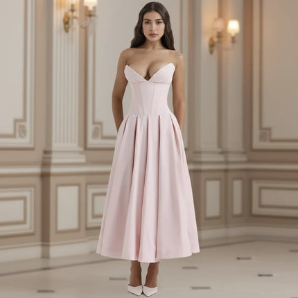 Deep V Neck Midi Dress for Women with Flowy Skirt | Elegant Party Dress for Weddings and Special Events