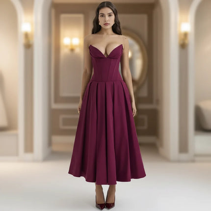 Deep V Neck Midi Dress for Women with Flowy Skirt | Elegant Party Dress for Weddings and Special Events