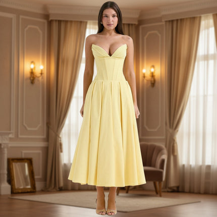 Deep V Neck Midi Dress for Women with Flowy Skirt | Elegant Party Dress for Weddings and Special Events