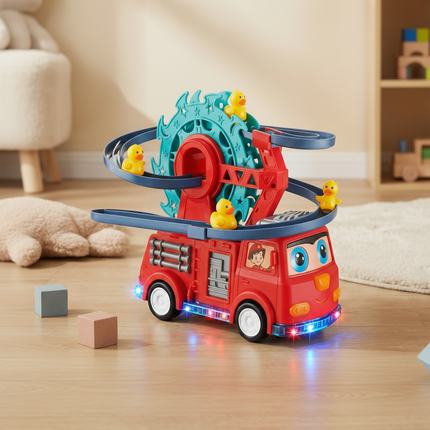 Fire Truck Toy with Duck Slide Track and Lights | Interactive Learning Play for Kids