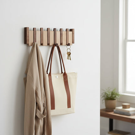 Decorative Wooden Wall Hook Rack with Foldable Hooks | Stylish Storage for Coats and Accessories