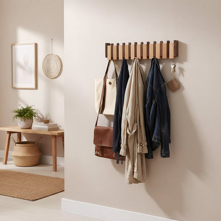 Decorative Wooden Wall Hook Rack with Foldable Hooks | Stylish Storage for Coats and Accessories