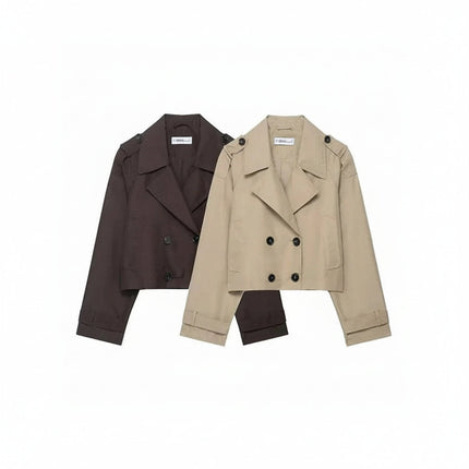 Women's Cropped Trench Coat with Double-Breasted Design | Elegant Outerwear for Autumn and Winter Fashion