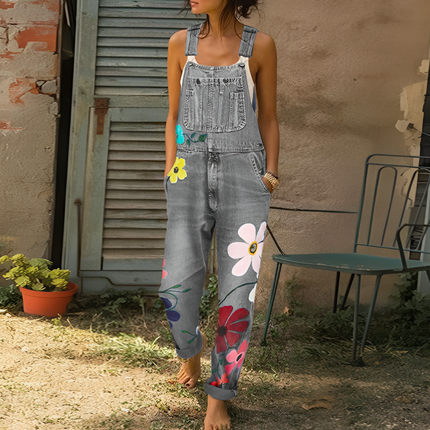 Floral Print Women's Denim Jumpsuit with Zipper Closure | Stylish Casual Wear for Everyday Comfort