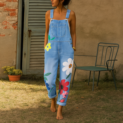 Floral Print Women's Denim Jumpsuit with Zipper Closure | Stylish Casual Wear for Everyday Comfort