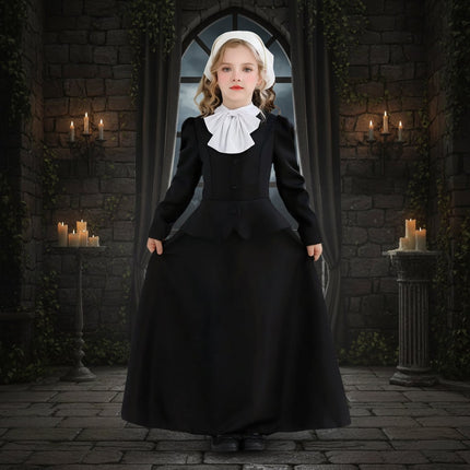 Victorian Gothic Dress for Women with Long Sleeves & White Collar | Elegant Halloween Costume for Themed Parties