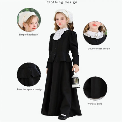 Victorian Gothic Dress for Women with Long Sleeves & White Collar | Elegant Halloween Costume for Themed Parties
