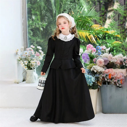 Victorian Gothic Dress for Women with Long Sleeves & White Collar | Elegant Halloween Costume for Themed Parties