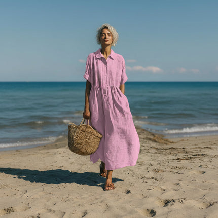 Linen Maxi Shirt Dress with Pintuck Bodice | Effortless Style and Comfort for Warm Weather