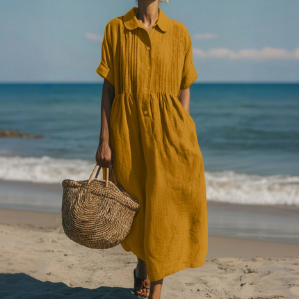 Linen Maxi Shirt Dress with Pintuck Bodice | Effortless Style and Comfort for Warm Weather