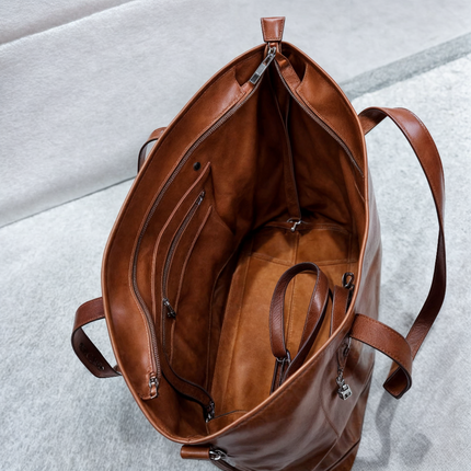 Large Leather Tote Bag with Zippered Closure | Vintage Handbag for Everyday Use and Travel