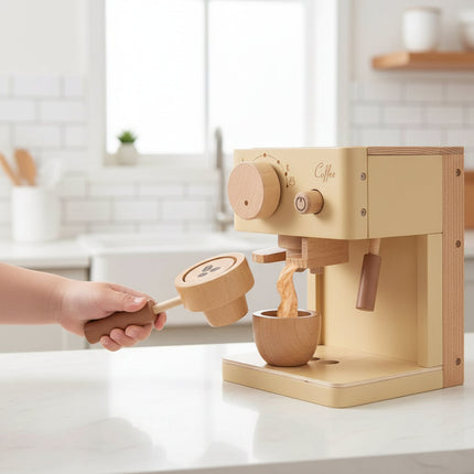 Wooden Coffee Machine Toy for Toddlers with Brewing Handle | Pretend Play Kitchen Set for Imaginative Role Play