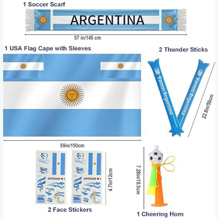Argentina Flag Soccer Fan Kit with Thunder Sticks & Cheering Horn | Ultimate Support for World Cup Game Days